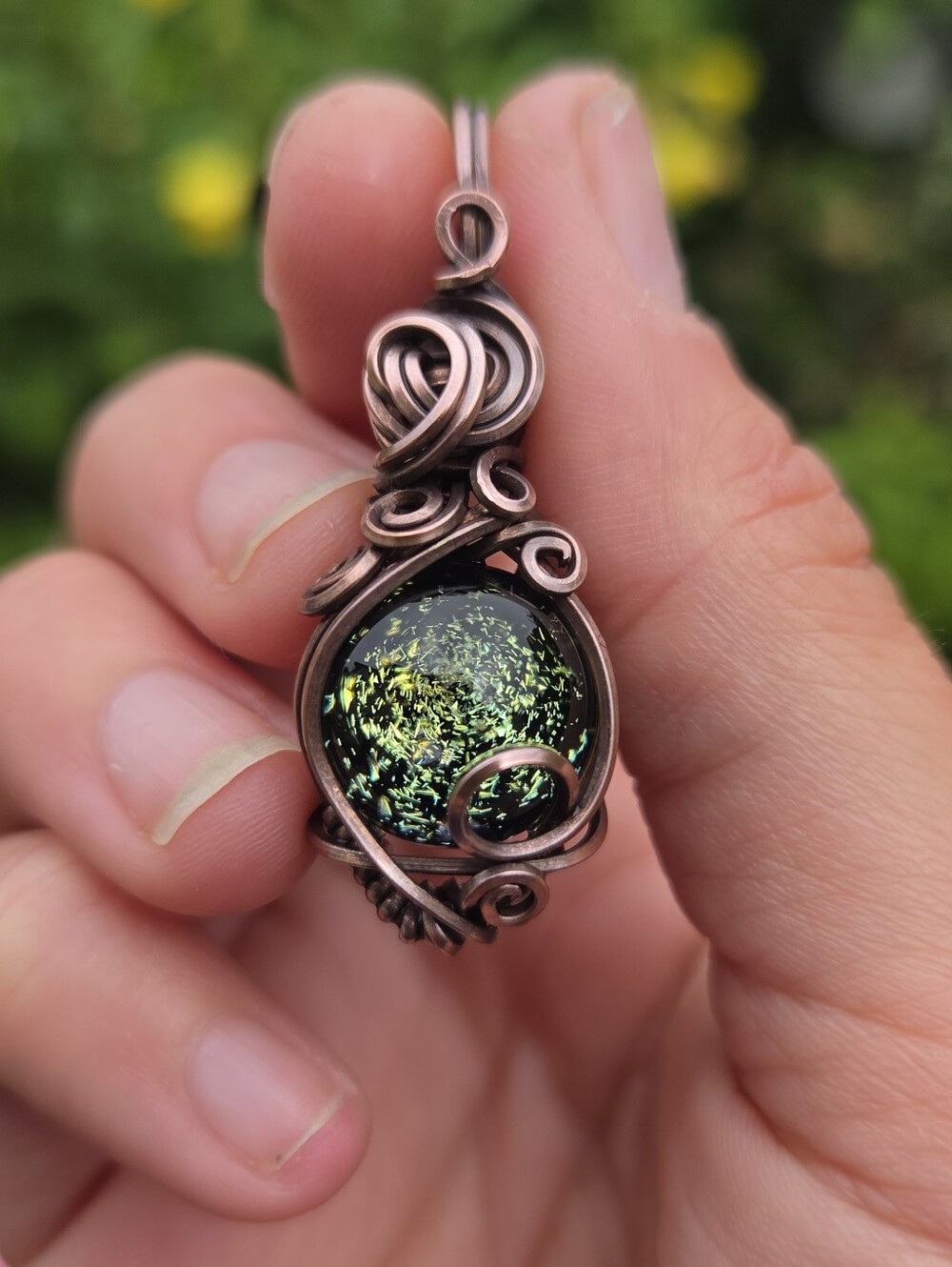 Green Dichro Glass Marble Copper Wire Wrap Pendant